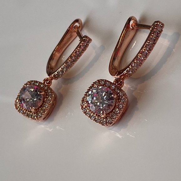 Rose Gold Cubic Zirconia Square Drop Earrings - Picture 9 of 10